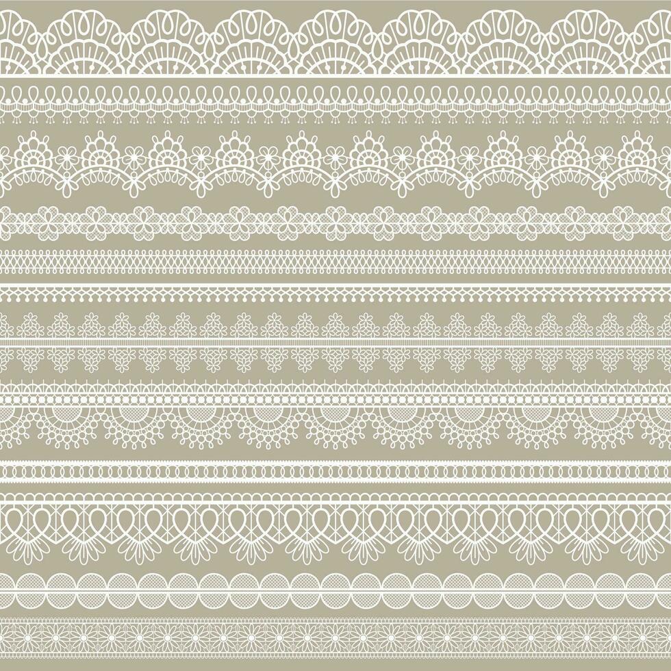 renda desatado fronteira. branco algodão renda tiras, bordado decorativo ornamentado ilhós padrão, horizontal têxtil listra feito à mão vetor conjunto