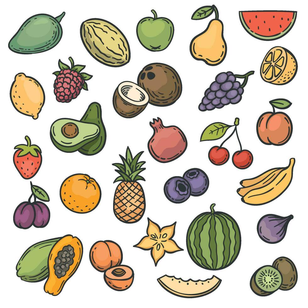esboço frutas. mão desenhado cor frutas maçã, laranja e limão, banana e kiwi, cereja e bagas vegano natural Comida rabisco vetor conjunto