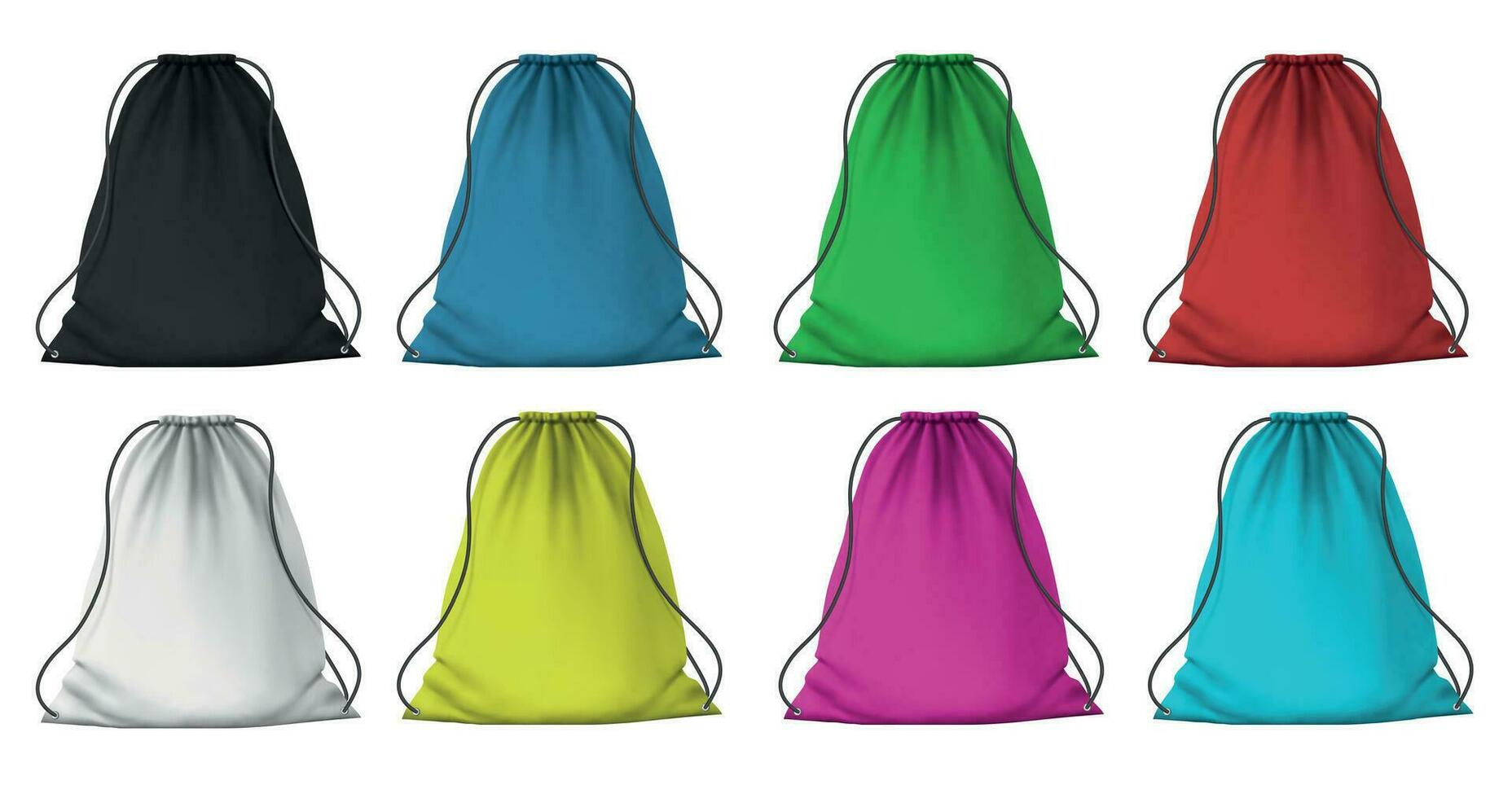 cor esporte mochila brincar. realista pano pacotes com cordas para roupas. tecido vermelho, azul, Rosa e verde cordão bolsas, 3d vetor conjunto