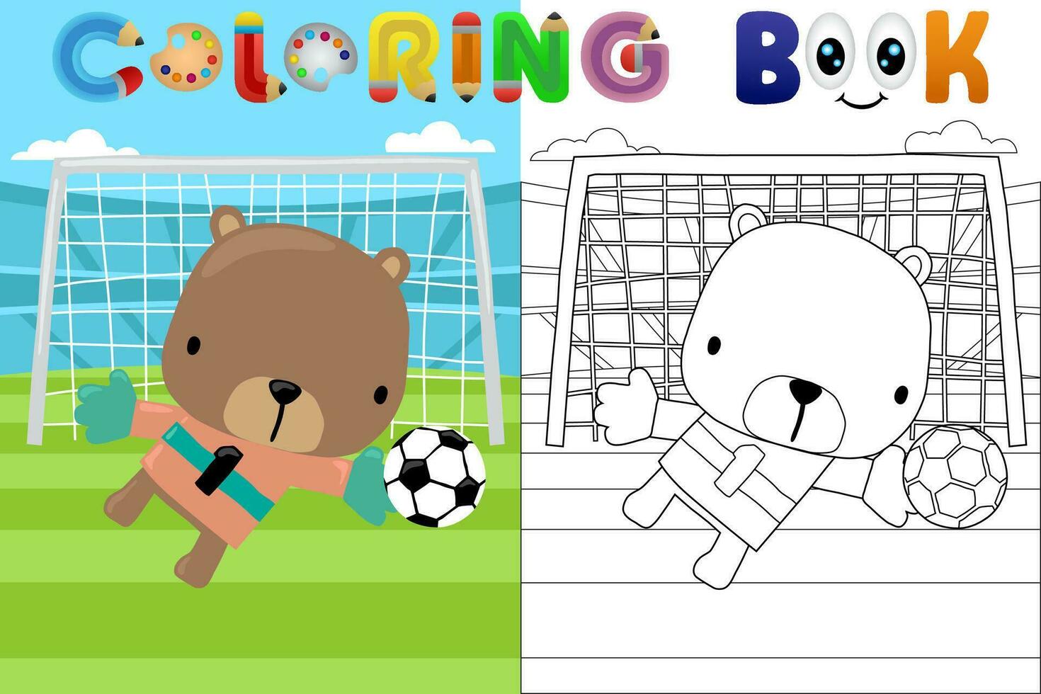 vetor desenho animado ilustração, fofa Urso goleiro dentro futebol estádio, coloração livro ou página