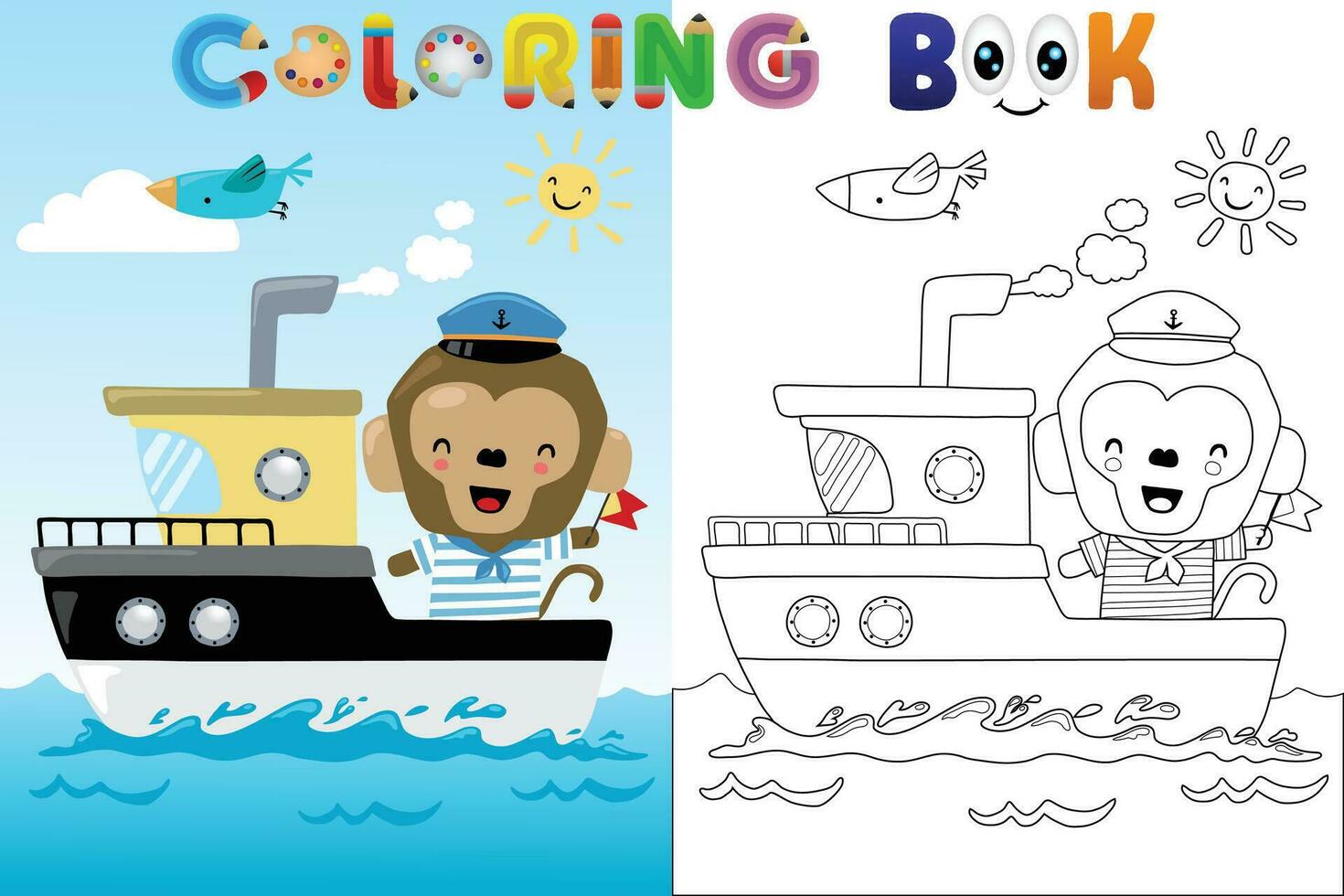 vetor coloração livro com macaco marinheiro em barco