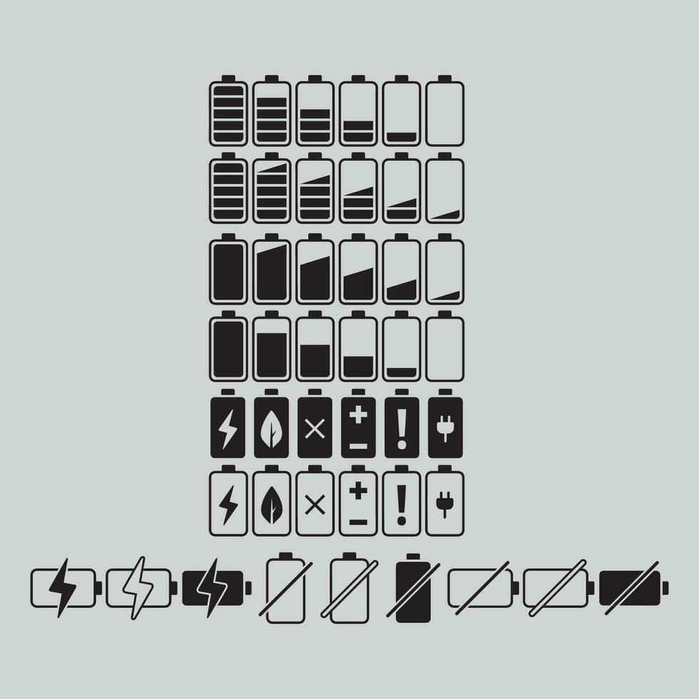 bateria ícones definir. bateria carregar nível indicadores ícones definir. descarregado e totalmente carregada bateria. nível bateria energia. vetor ilustração