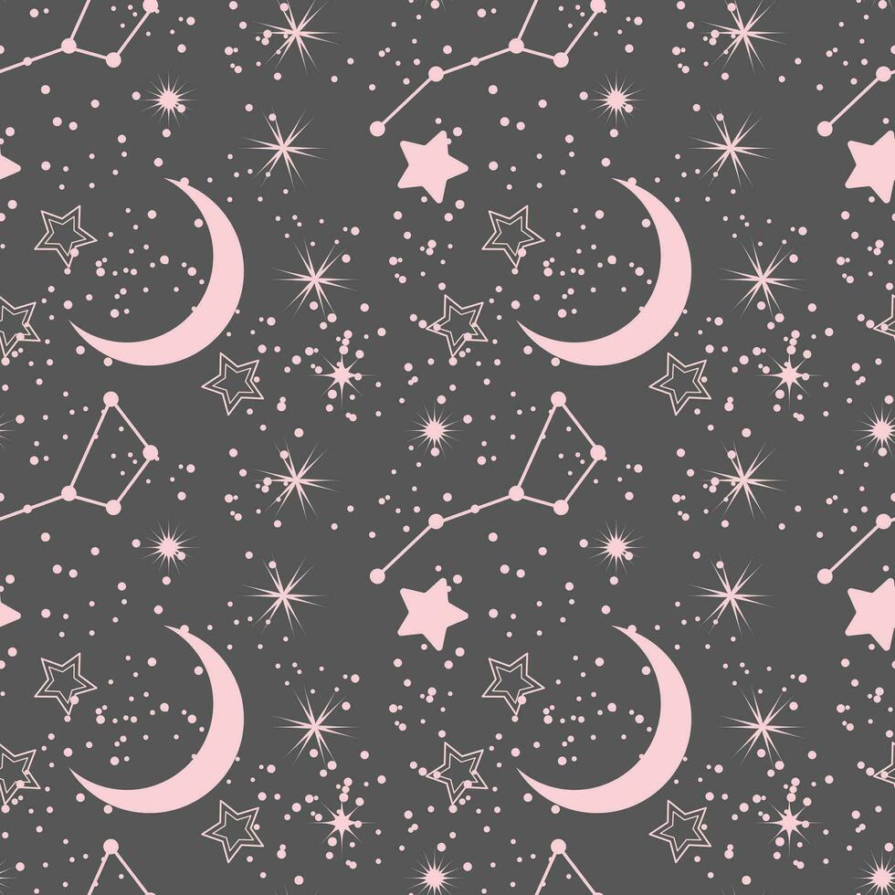 desatado padrão, lua, constelações, estrelas e espalhamento do estrelas em uma fundo do a noite céu. fundo, têxtil, vetor