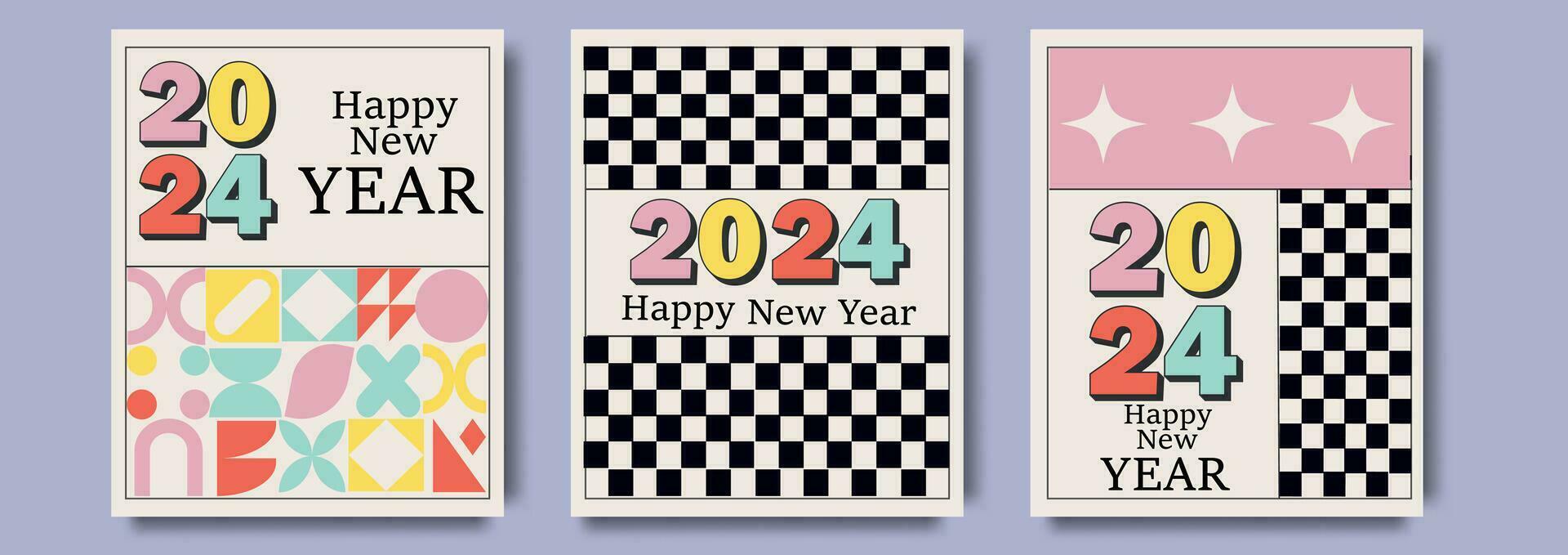 bauhaus geométrico estilo cobrir em 2024 feliz Novo ano cartazes definir. minimalista na moda brutalista fundos. vetor ilustração