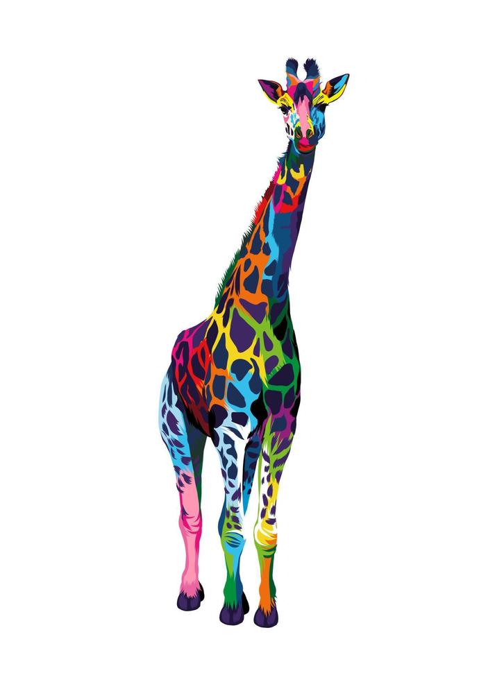 girafa de tintas multicoloridas. respingo de aquarela, desenho colorido, realista. ilustração vetorial de tintas vetor