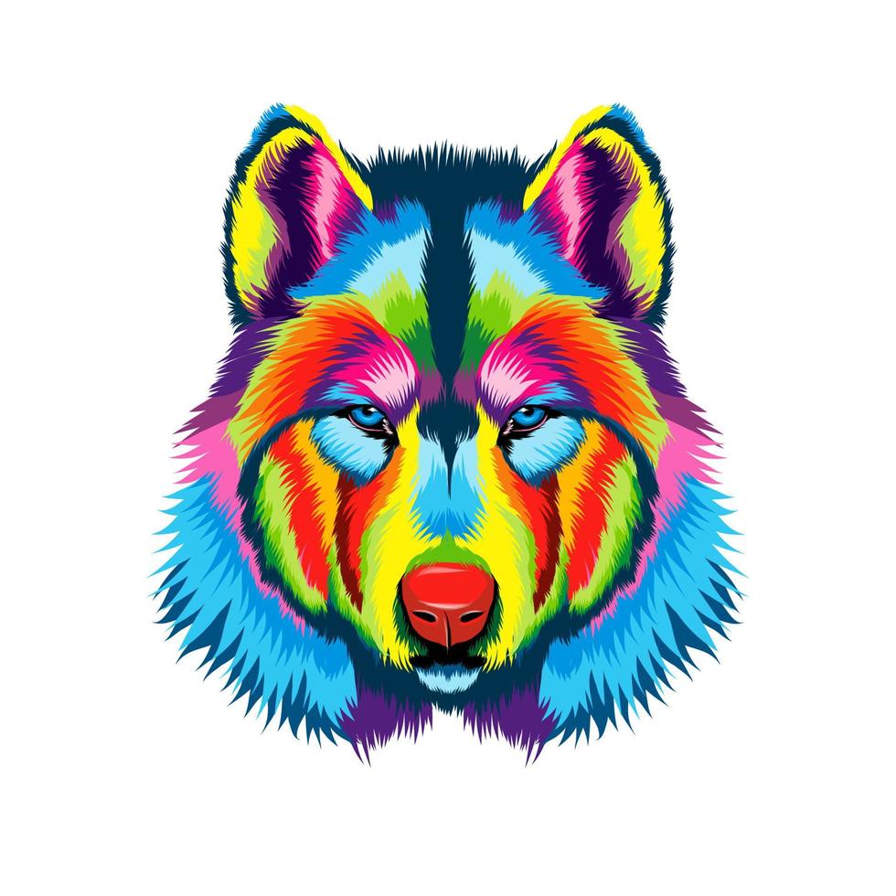 retrato de cabeça de lobo de tintas multicoloridas. respingo de aquarela, desenho colorido, realista. ilustração vetorial de tintas vetor
