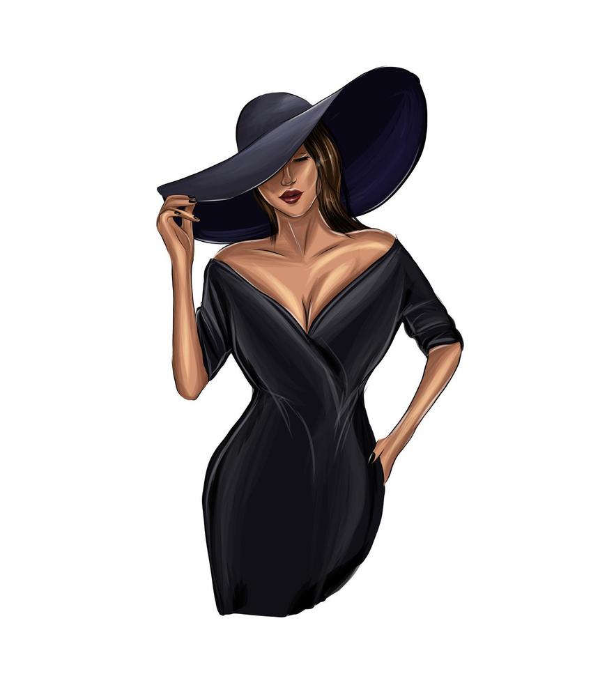 mulher jovem e bonita com um chapéu e um vestido de noite preto de tintas multicoloridas. menina estilosa. ilustração vetorial de tintas vetor