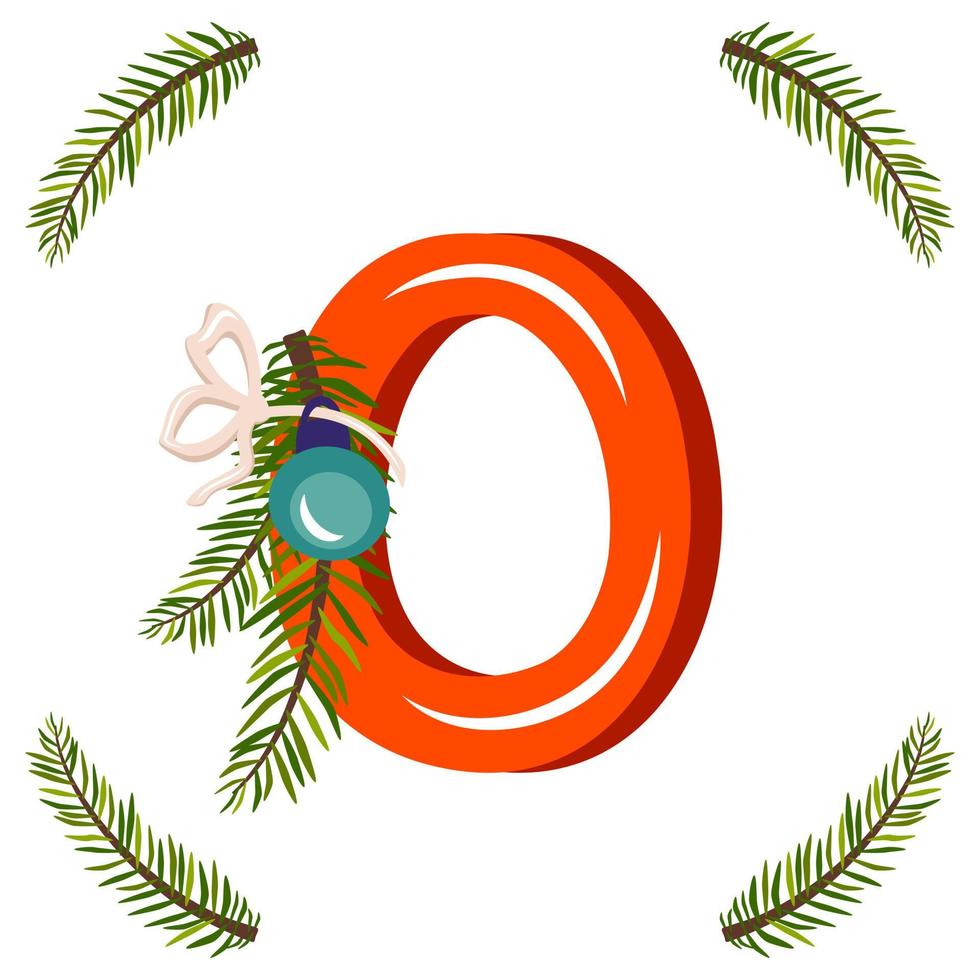 letra vermelha o com galho de árvore de Natal verde, bola com arco. fonte festiva para feliz ano novo e alfabeto brilhante vetor