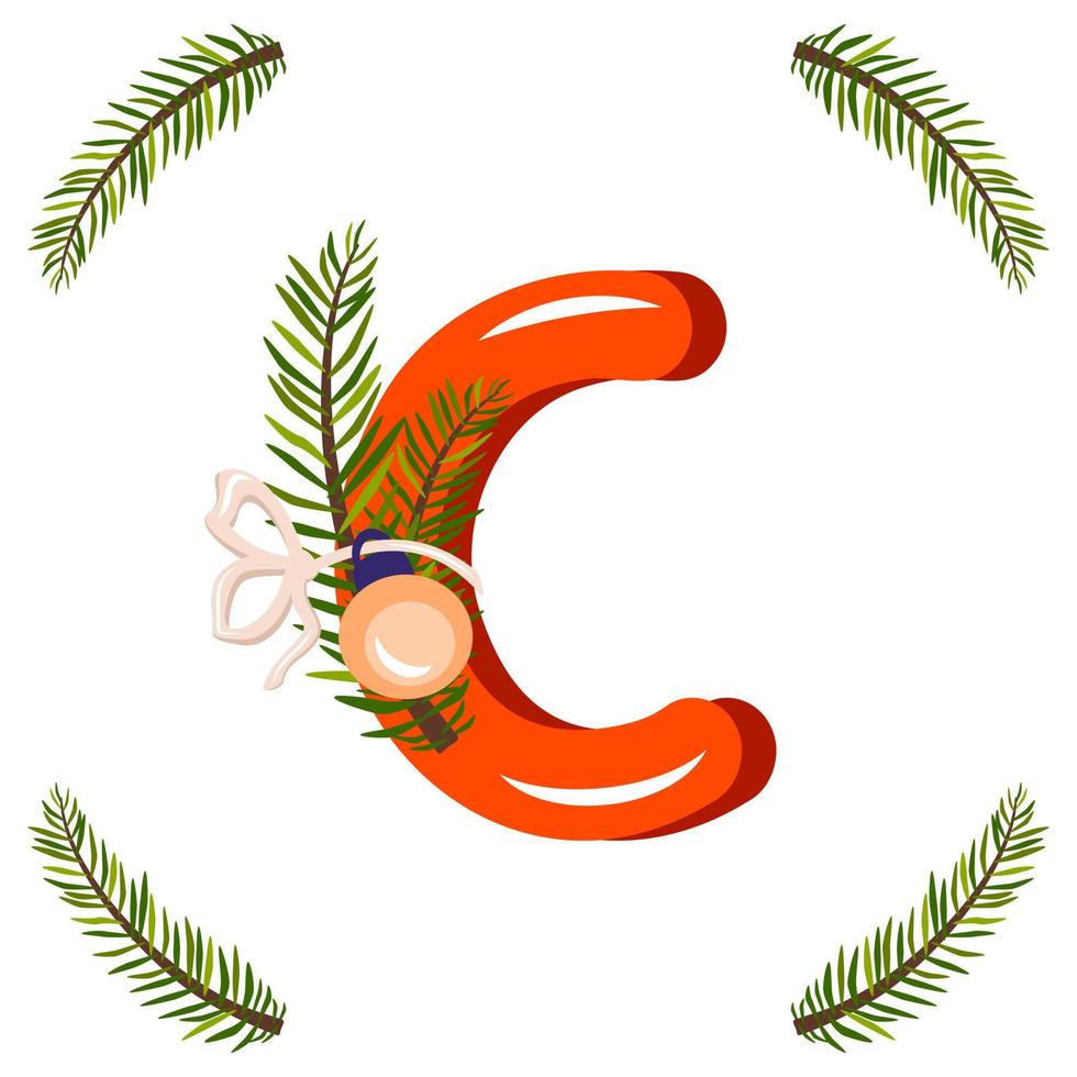 letra c vermelha com galho de árvore de Natal verde, bola com arco. fonte festiva para feliz ano novo e alfabeto brilhante vetor