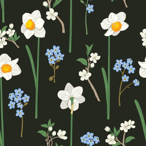 Padrão sem emenda floral. Narcisos, não me esqueças de flores e sakuras. Ilustração vetorial vetor