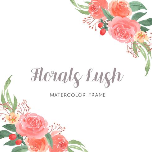 Mão de aquarela floral pintada com borda de quadro de grinaldas de texto, exuberante flores aquarelle isolado no fundo branco. Design flores decoração para cartão, salvar a data, cartões de convite de casamento, cartaz, banner design. vetor