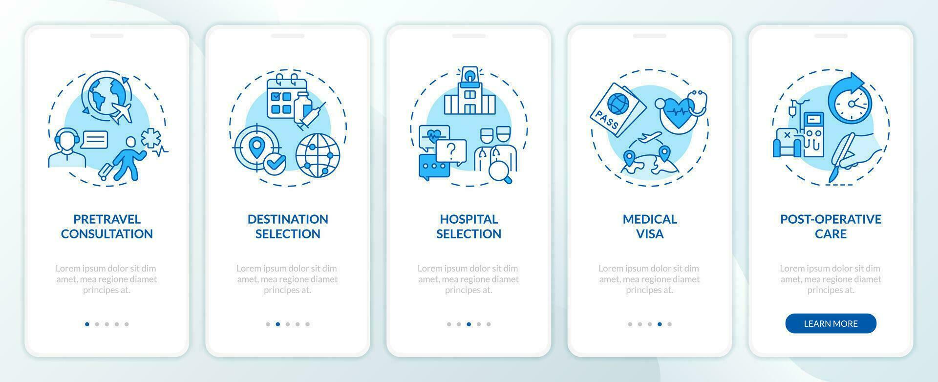 2d ícones representando médico turismo Móvel aplicativo tela definir. passo a passo 5 passos azul gráfico instruções com linear ícones conceito, interface do usuário, ux, gui modelo. vetor