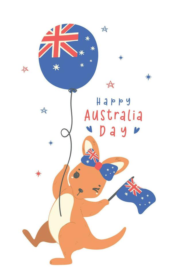 Austrália dia com adorável bebê canguru desenho animado animal com balões bandeira. vetor