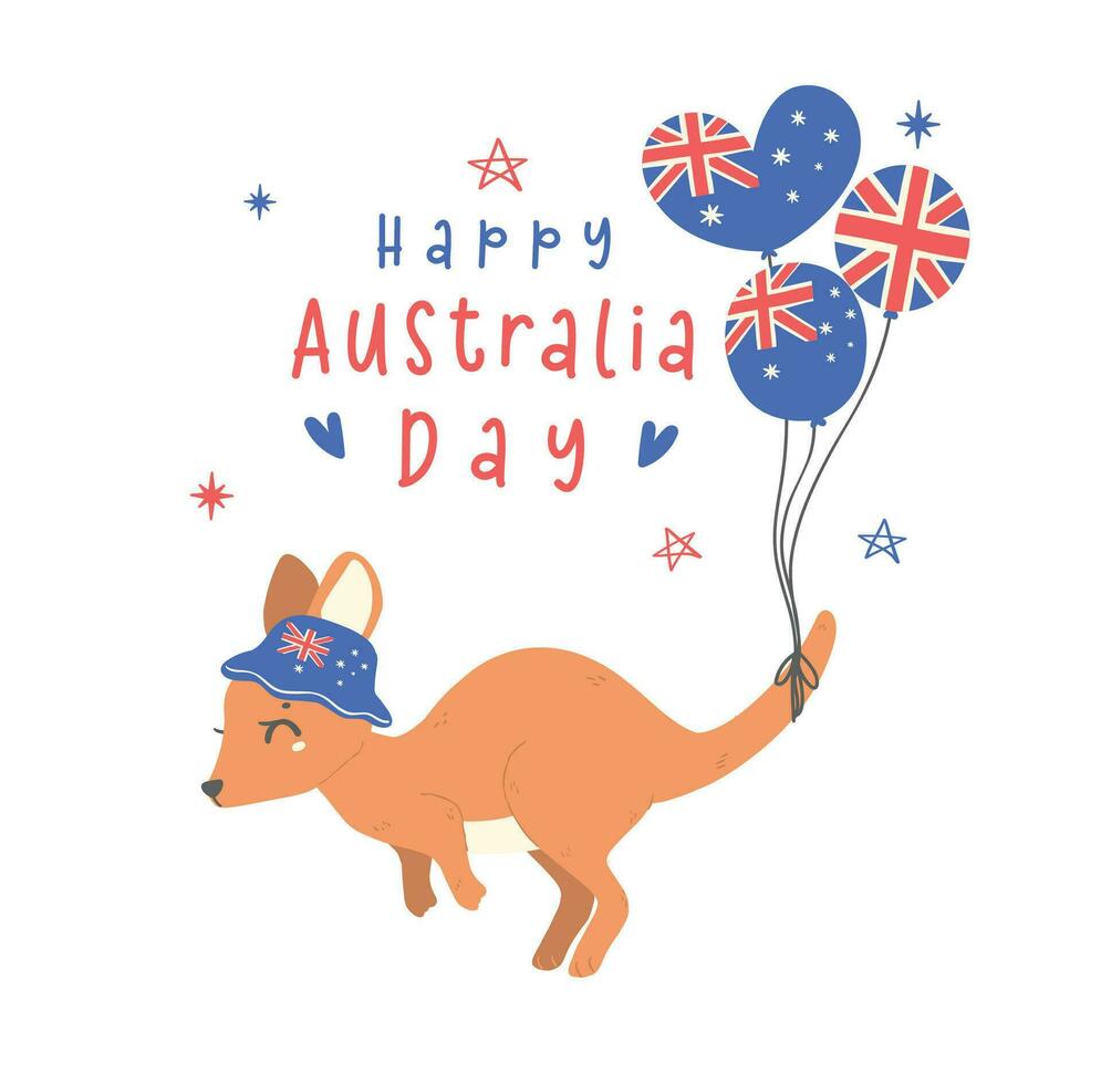 Austrália dia com adorável bebê canguru desenho animado animal com balões bandeira. vetor