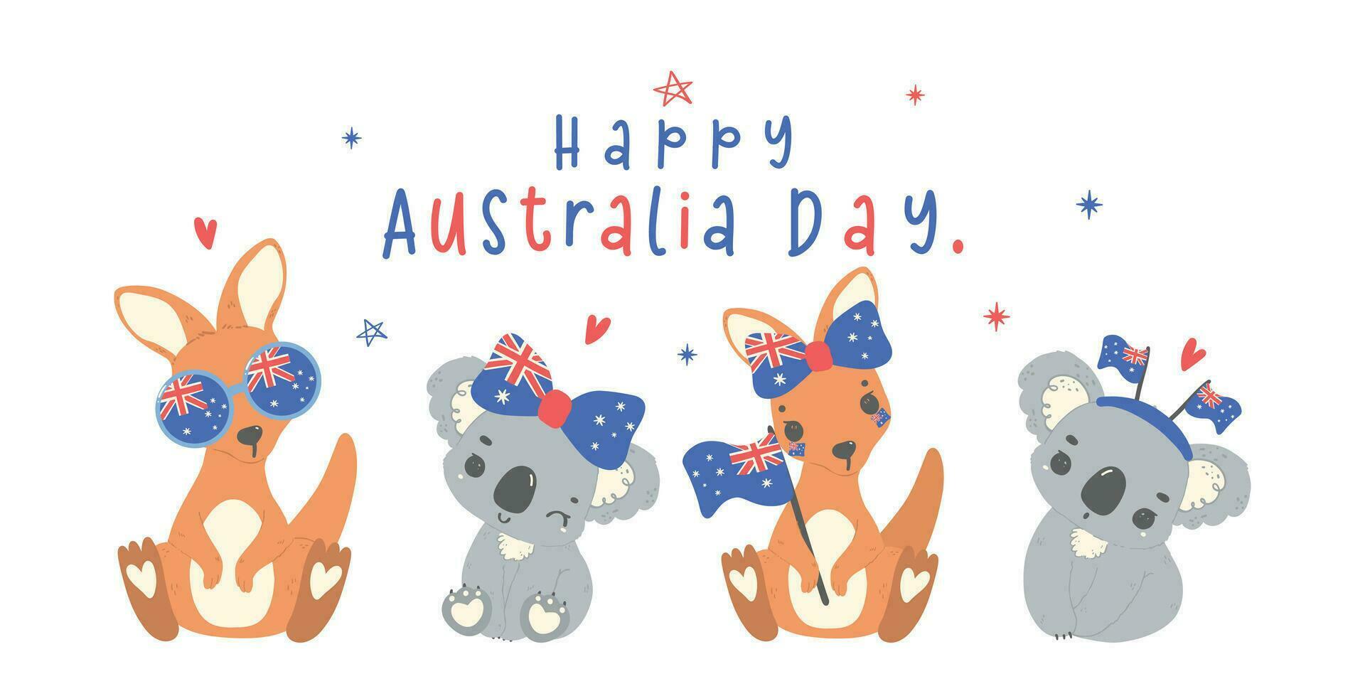Austrália dia bandeira, grupo do animal bebê cangurus e coalas desenho animado animal com balões e fla vetor