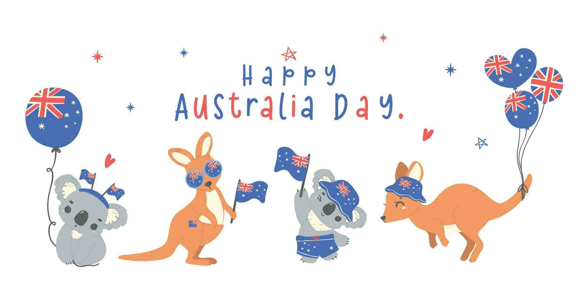 Austrália dia bandeira, grupo do animal bebê cangurus e coalas desenho animado animal com balões e fla vetor