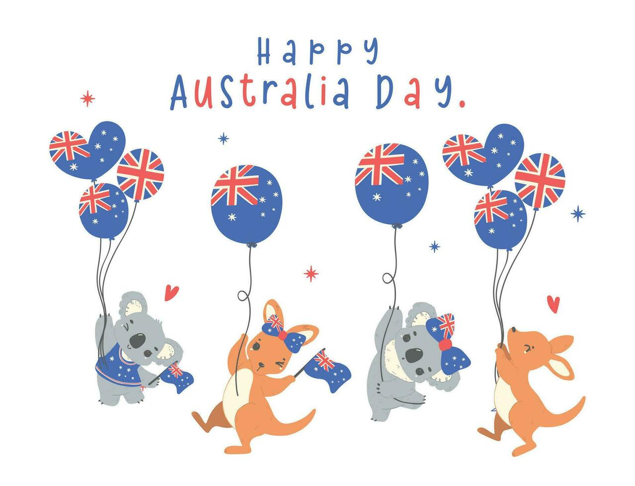 Austrália dia bandeira, grupo do animal bebê cangurus e coalas desenho animado animal com balões bandeira vetor
