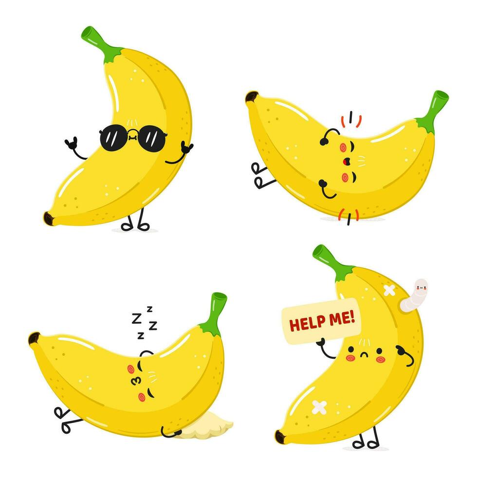 engraçado banana personagens agrupar definir. vetor mão desenhado rabisco estilo desenho animado personagem ilustração ícone Projeto. fofa banana mascote personagem coleção