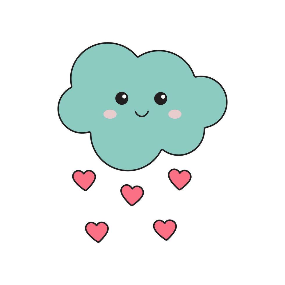 fofa sorridente nuvem com amor chuva a partir de corações adorável namorados dia romântico conceito dentro kawaii desenho animado estilo. vetor