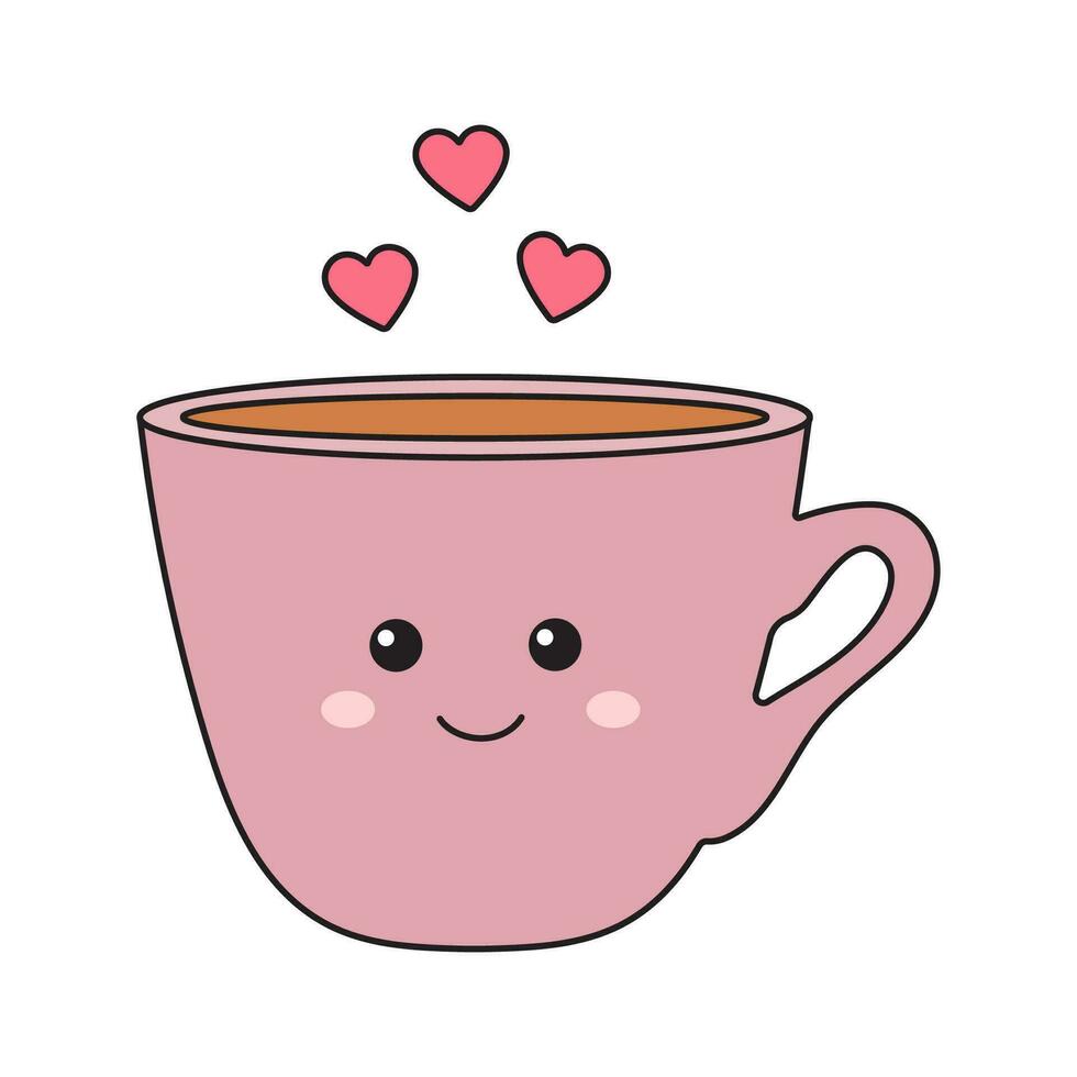 fofa copo com quente chá, café dentro kawaii estilo com corações amor caneca com beber ícone. vetor