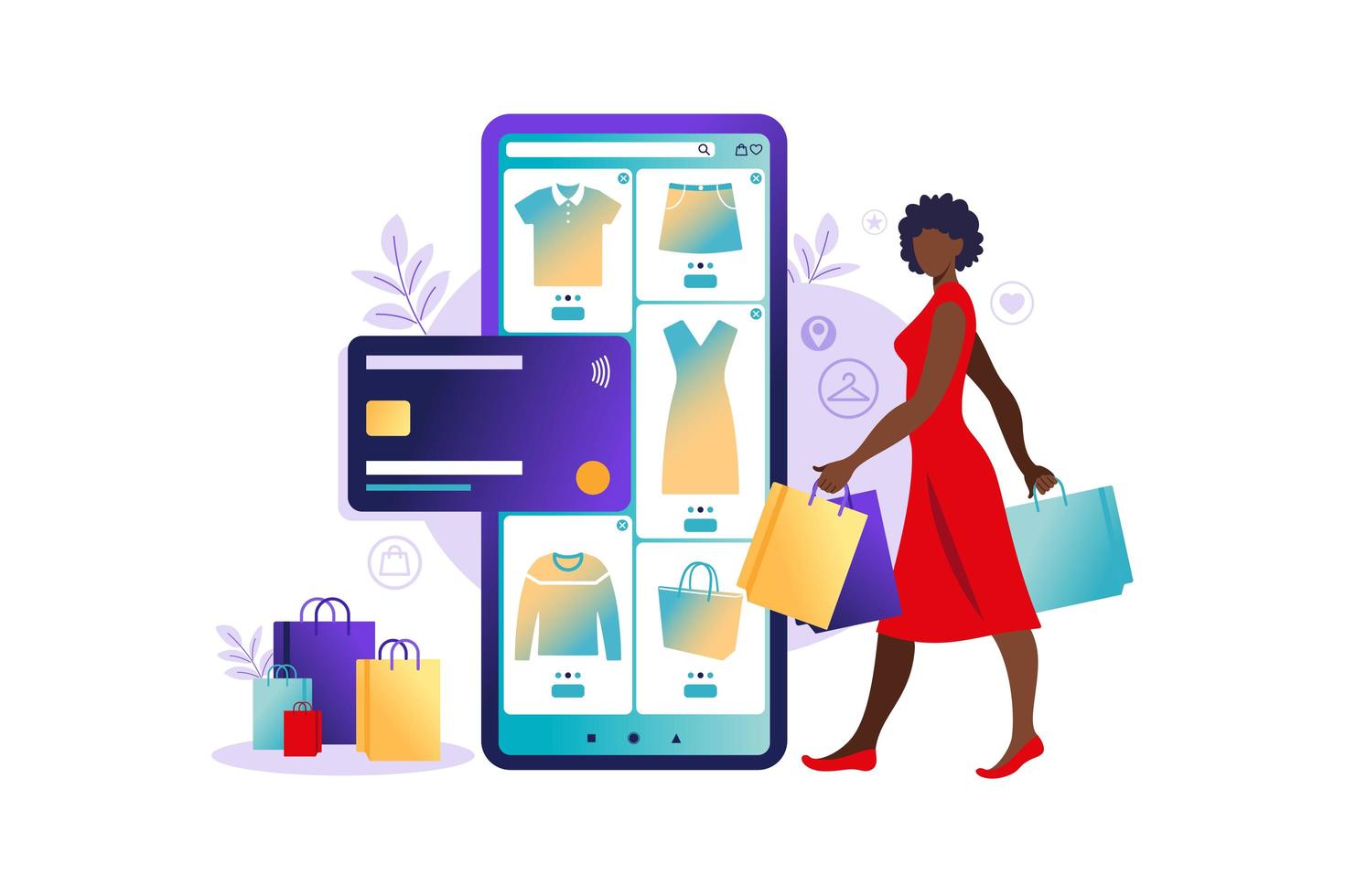 mulheres africanas, compras online no celular. pagamento da loja online. cartões de crédito bancários, pagamentos online seguros e faturas financeiras. carteiras para smartphones, tecnologia digital paga. ilustração vetorial plana. vetor