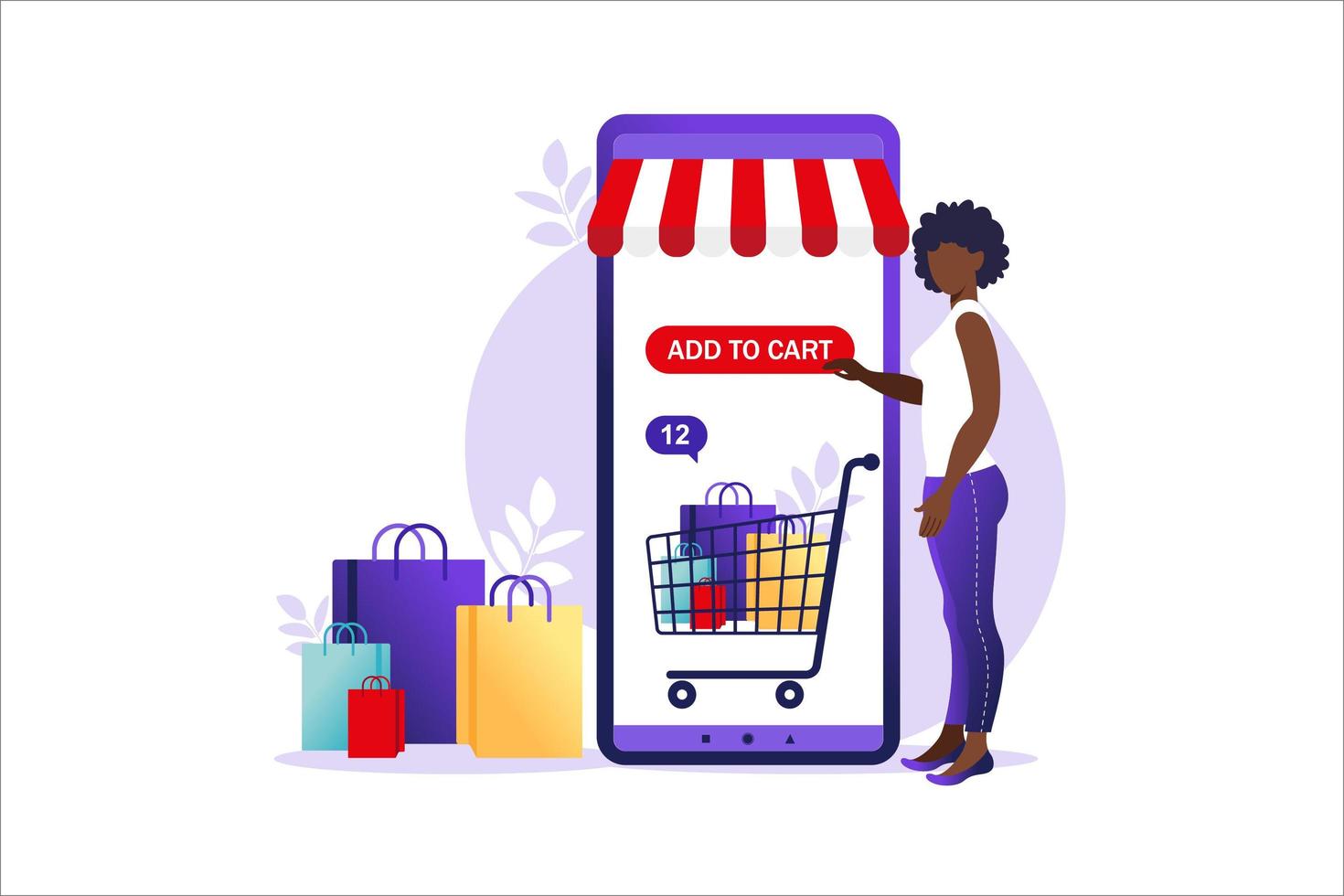 mulher africana, compras online no celular. conceito de compras online, pagamento da loja online. cartões de crédito bancários, pagamentos online seguros e faturas financeiras. carteiras de smartphones. vetor