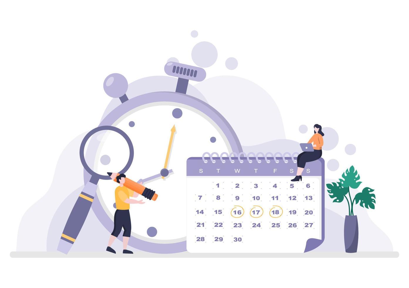 planejamento de cronograma ou gerenciamento de tempo com calendário de reuniões de negócios, atividades e eventos organizando processos de trabalho de escritório. ilustração vetorial de fundo vetor