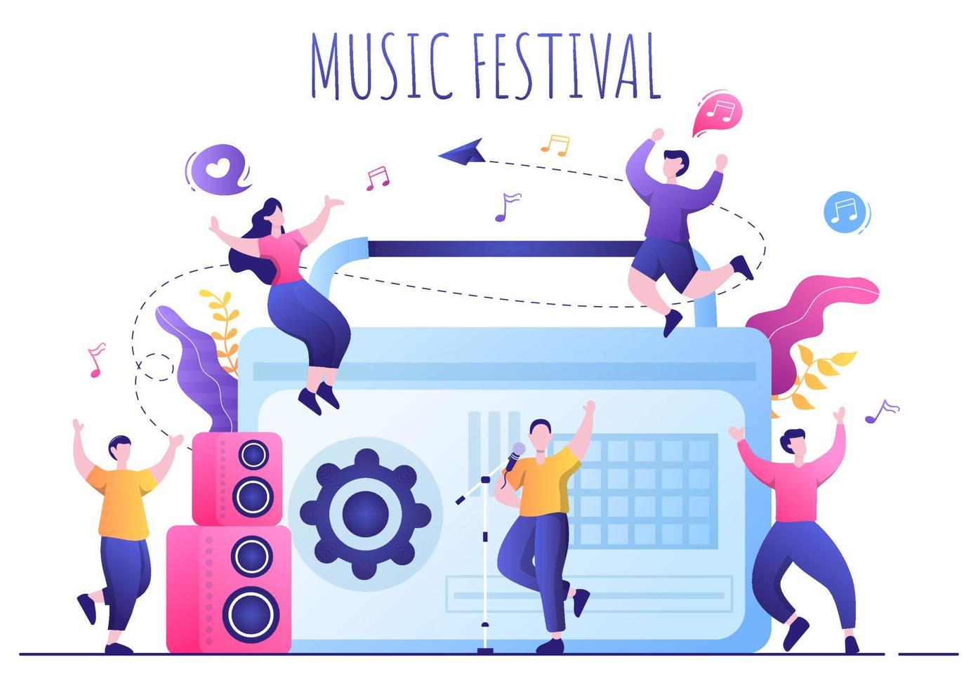 ilustração em vetor fundo festival de música com instrumentos musicais e performance de canto ao vivo para modelo de cartaz, banner ou brochura