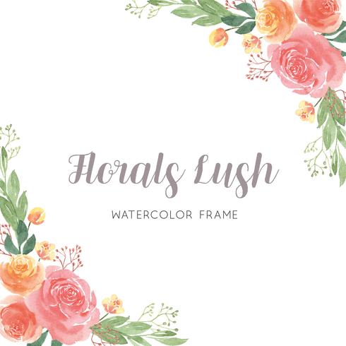 Aquarela flores pintados à mão com borda de quadro de grinaldas de texto, flores exuberantes vetor