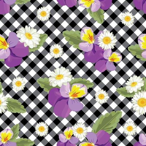 Padrão sem emenda floral. Pansies com as camomilas no guingão preto e branco, fundo checkered. Ilustração vetorial vetor