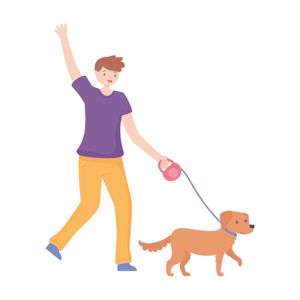 homem feliz passeando com um cachorro vetor