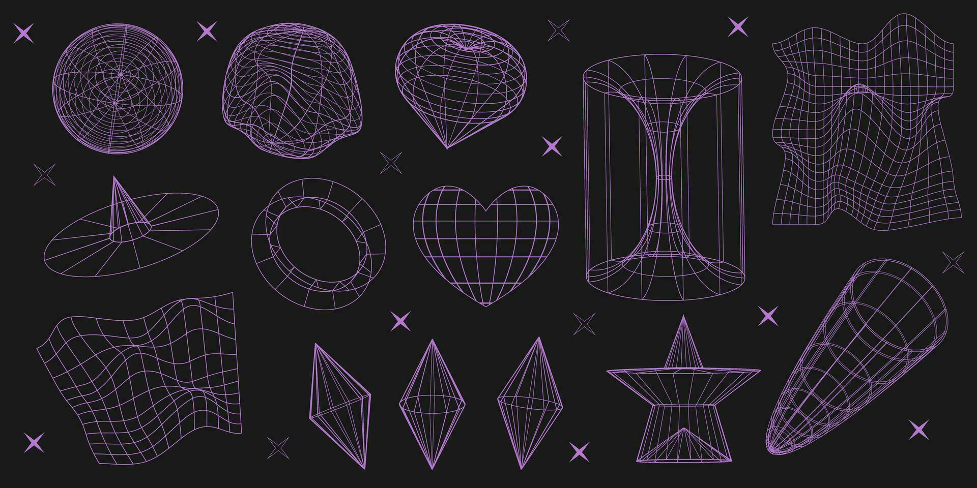 geometria estrutura de arame formas e grades dentro néon roxa cor. anos 80 cyberpunk linha elementos vetor definir. ano 2000 retro futurista estética.