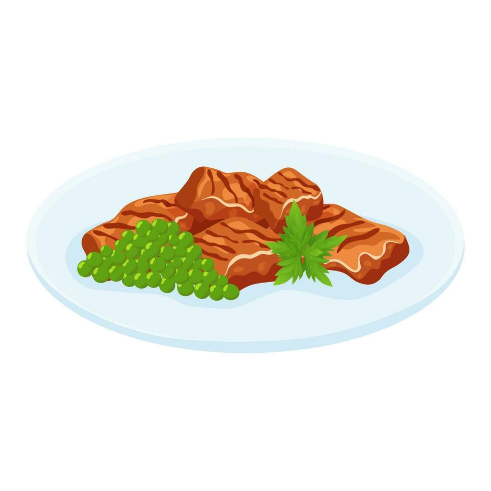 uma prato do frito peças do carne, verde ervilhas, salsinha, coentro em uma placa. cozido grelhado carne com lado prato e ervas. desenho animado vetor ilustração.