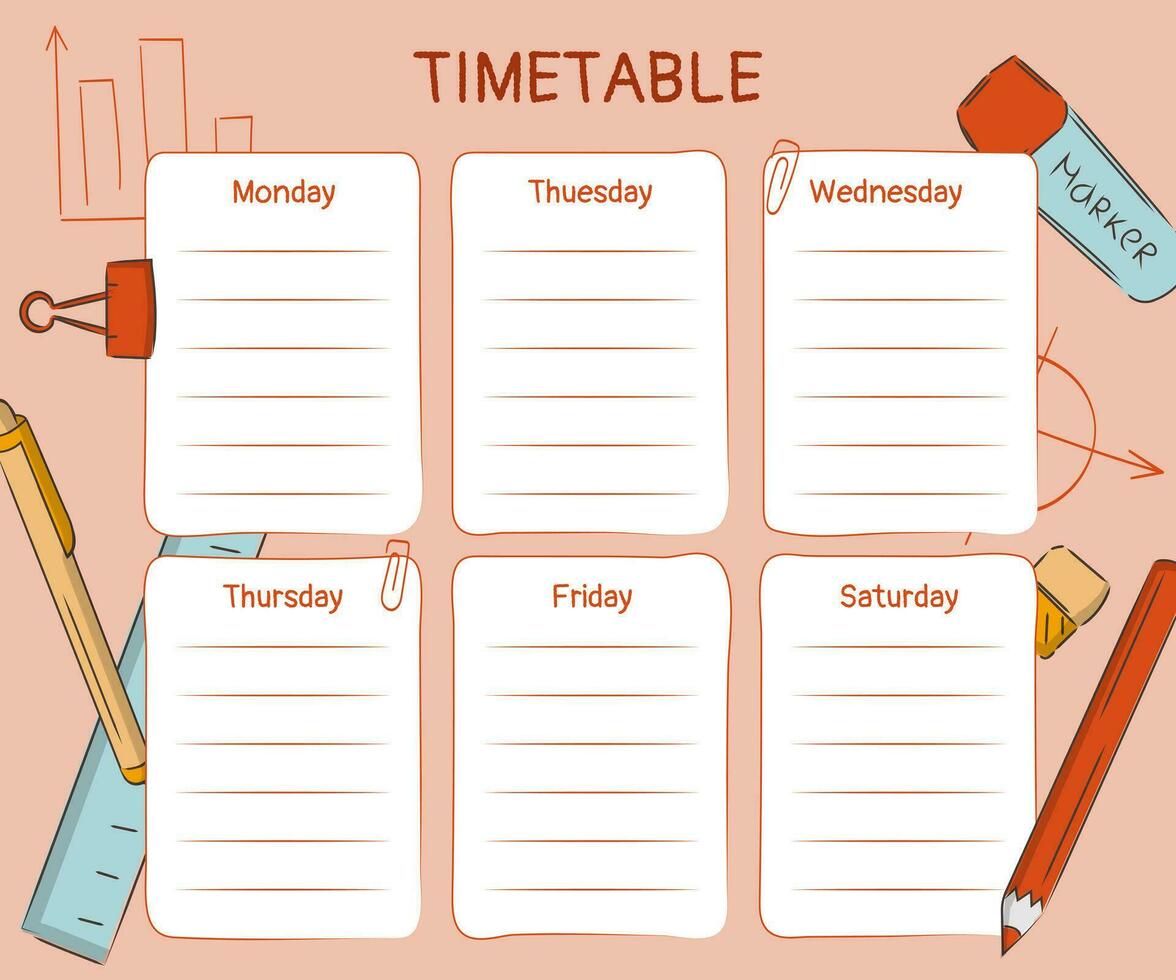 semanal classe calendário modelo para estude ou trabalhos com assuntos para estude - papelaria. vetor ilustração