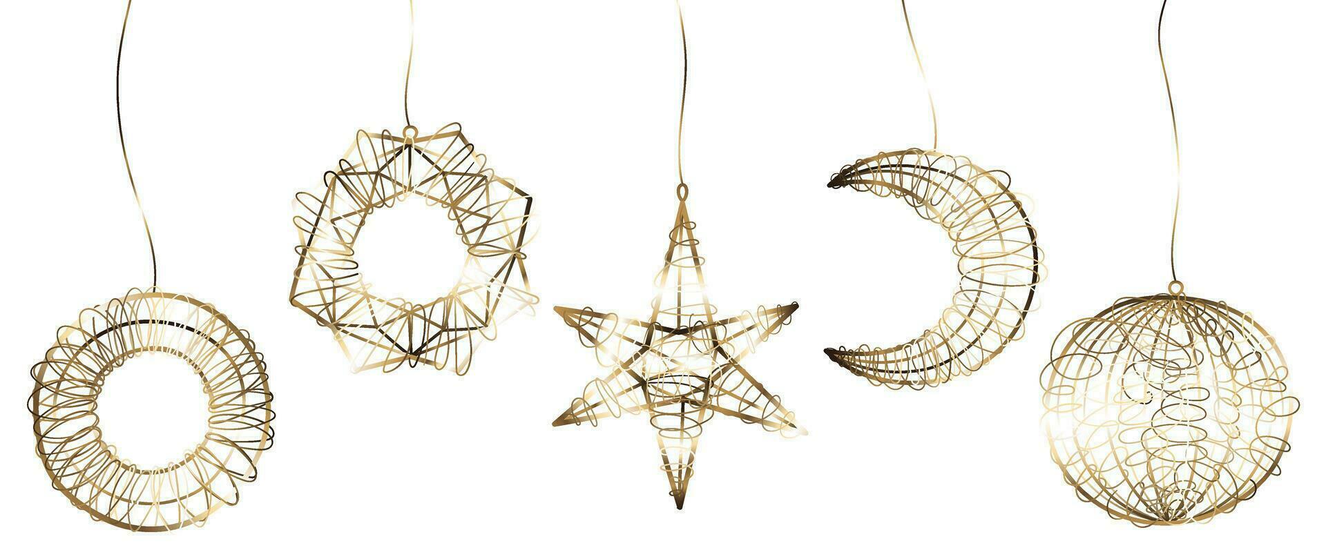 conjunto do Natal e feliz Novo ano enfeite vetor. elegante ouro suspensão bugiganga bola linha arte decoração com estrela, lua, círculo em branco fundo. Projeto para papel de parede, cartão, cobrir, poster. vetor