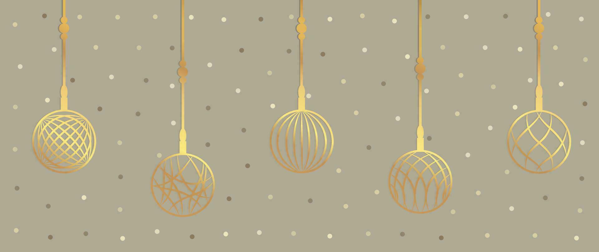 luxo Natal e feliz Novo ano conceito fundo vetor. elegante ouro suspensão bugiganga bola linha arte deco com neve em luz fundo. Projeto para papel de parede, cartão, cobrir, poster. vetor