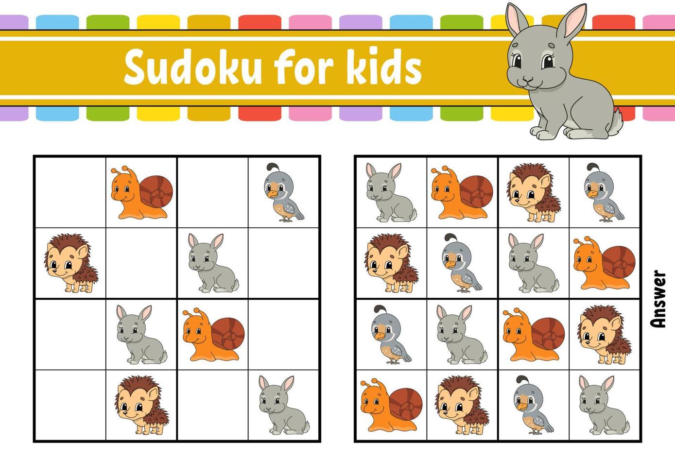 sudoku para crianças. planilha de desenvolvimento educacional. página de atividades com fotos. jogo de puzzle para crianças e bebês. treinamento de pensamento lógico. ilustração isolada do vetor. estilo dos desenhos animados. vetor