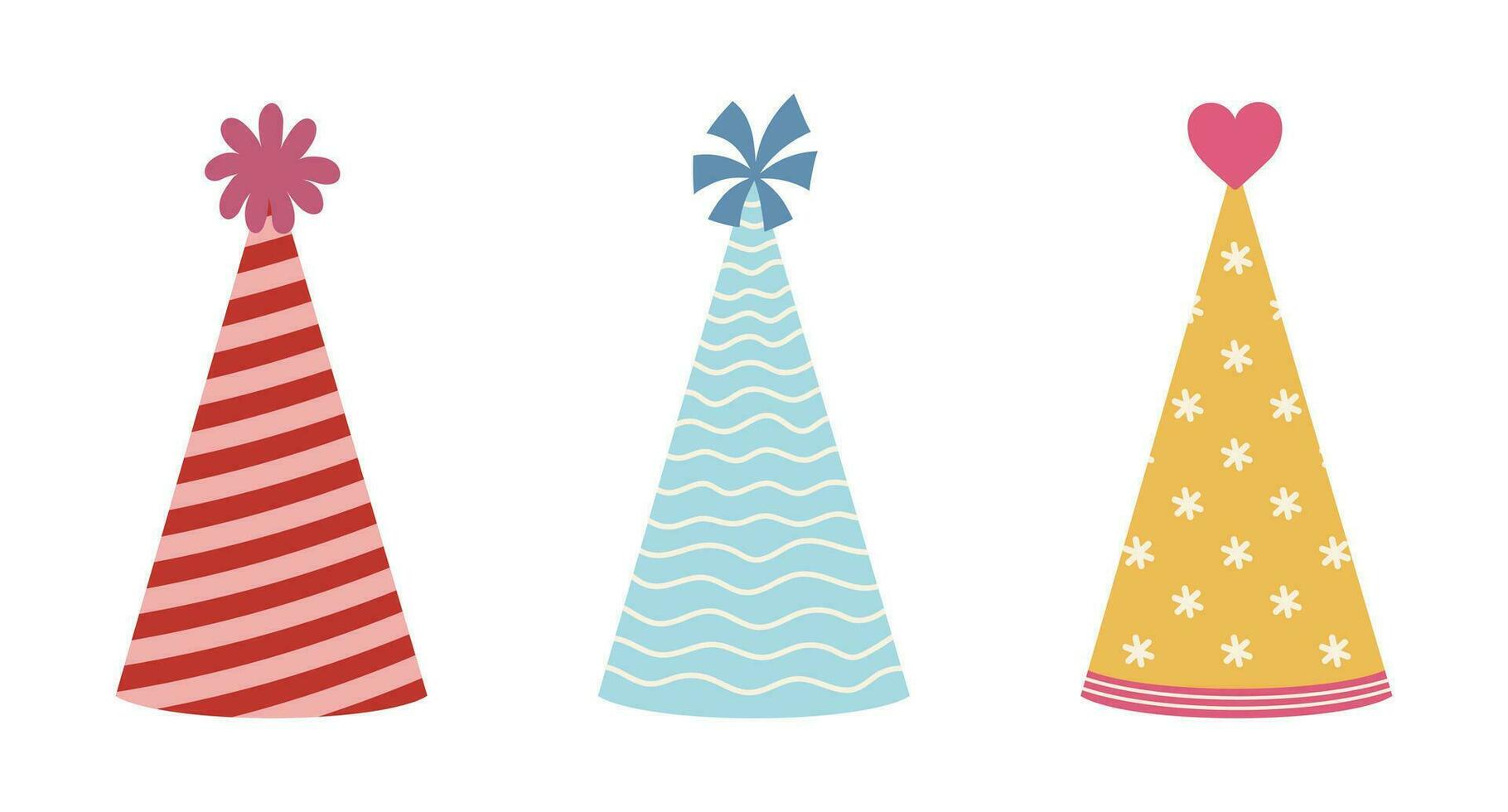 festa chapéu vetor ícone definir. colorida cápsulas para aniversário, festival, carnaval. cones com listras, ondas, estrelas. acessórios para crianças, aniversários. desenho animado clipart para feriados, isolado em branco