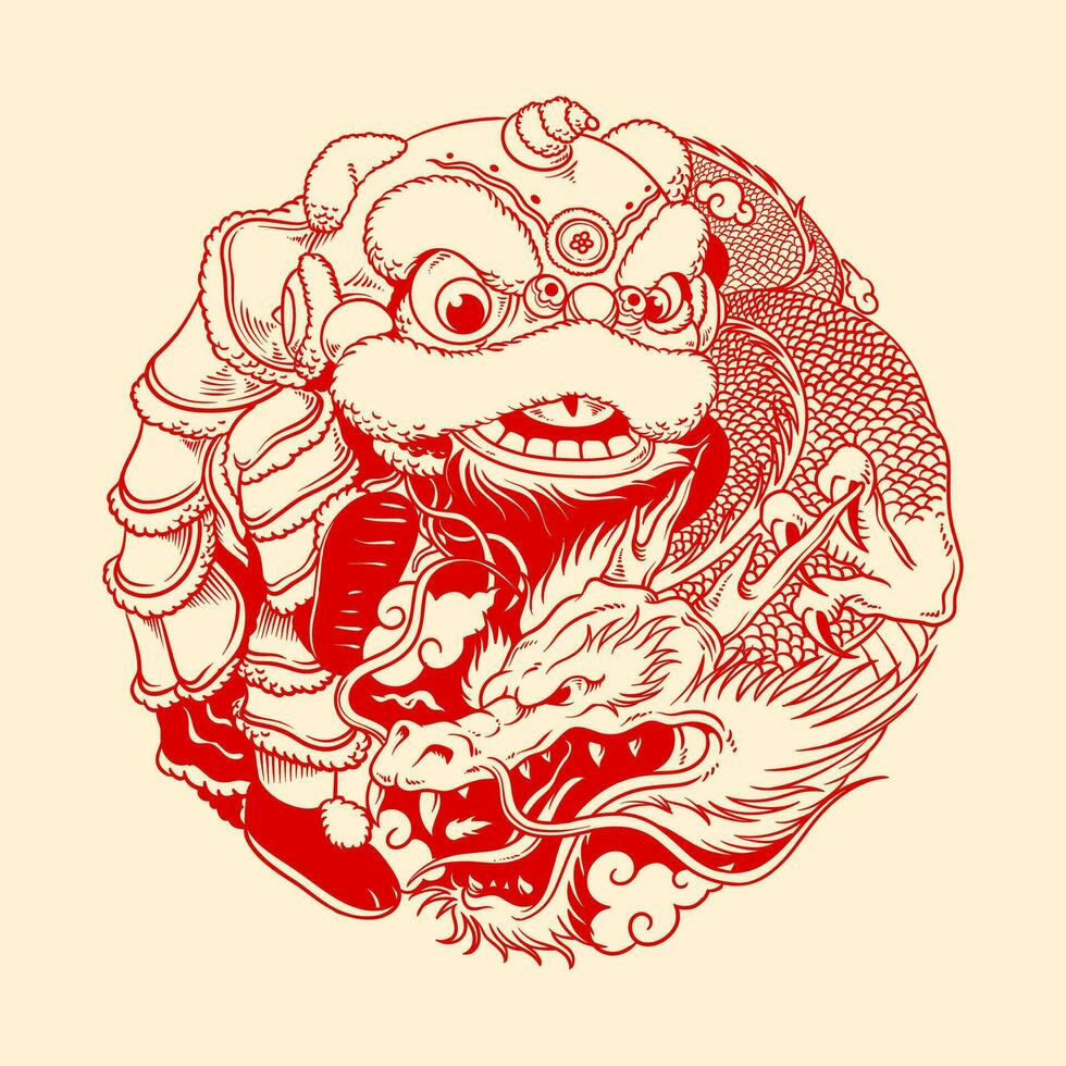 Dragão e leão dança chinês ilustração vetor