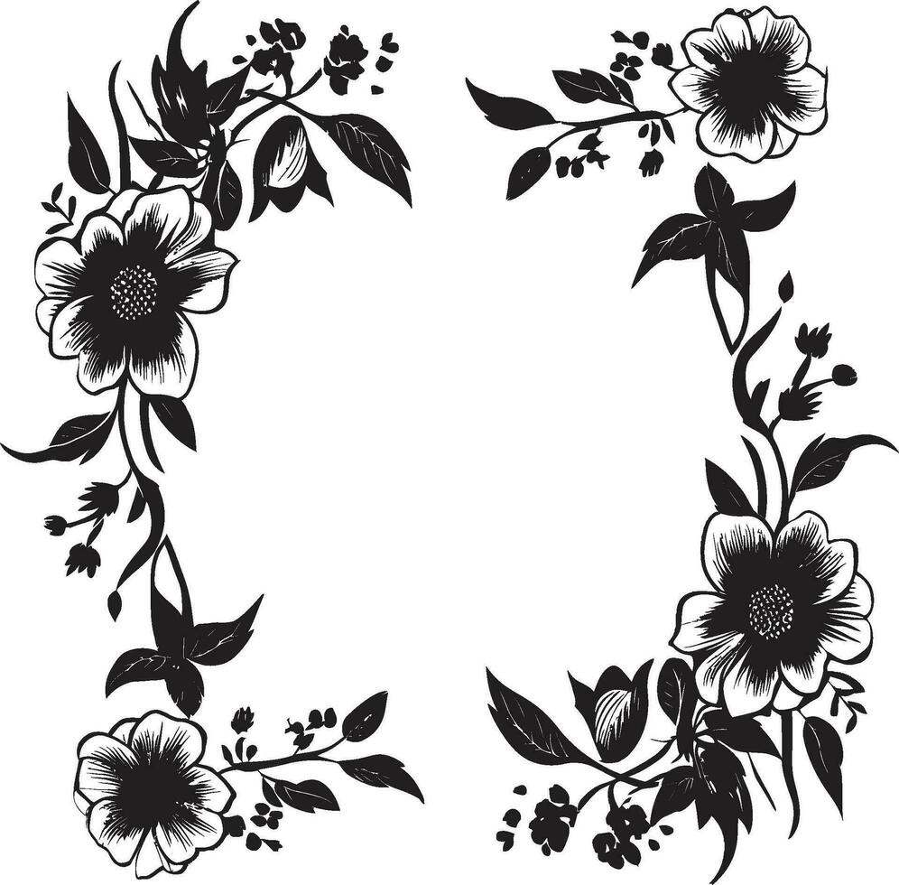 radiante pétala cercar Preto floral emblema gracioso flor quadro, Armação decorativo Preto ícone vetor