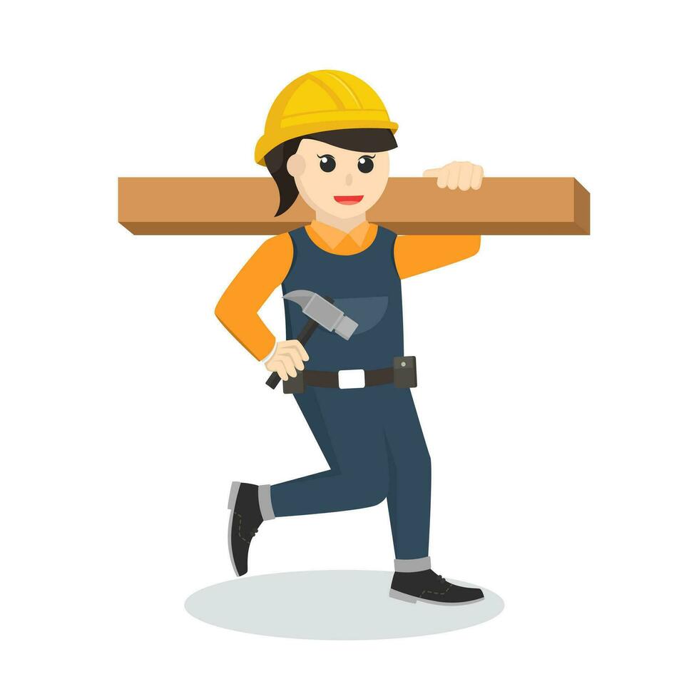 mulher construção trabalhador carregando quadra madeira vetor