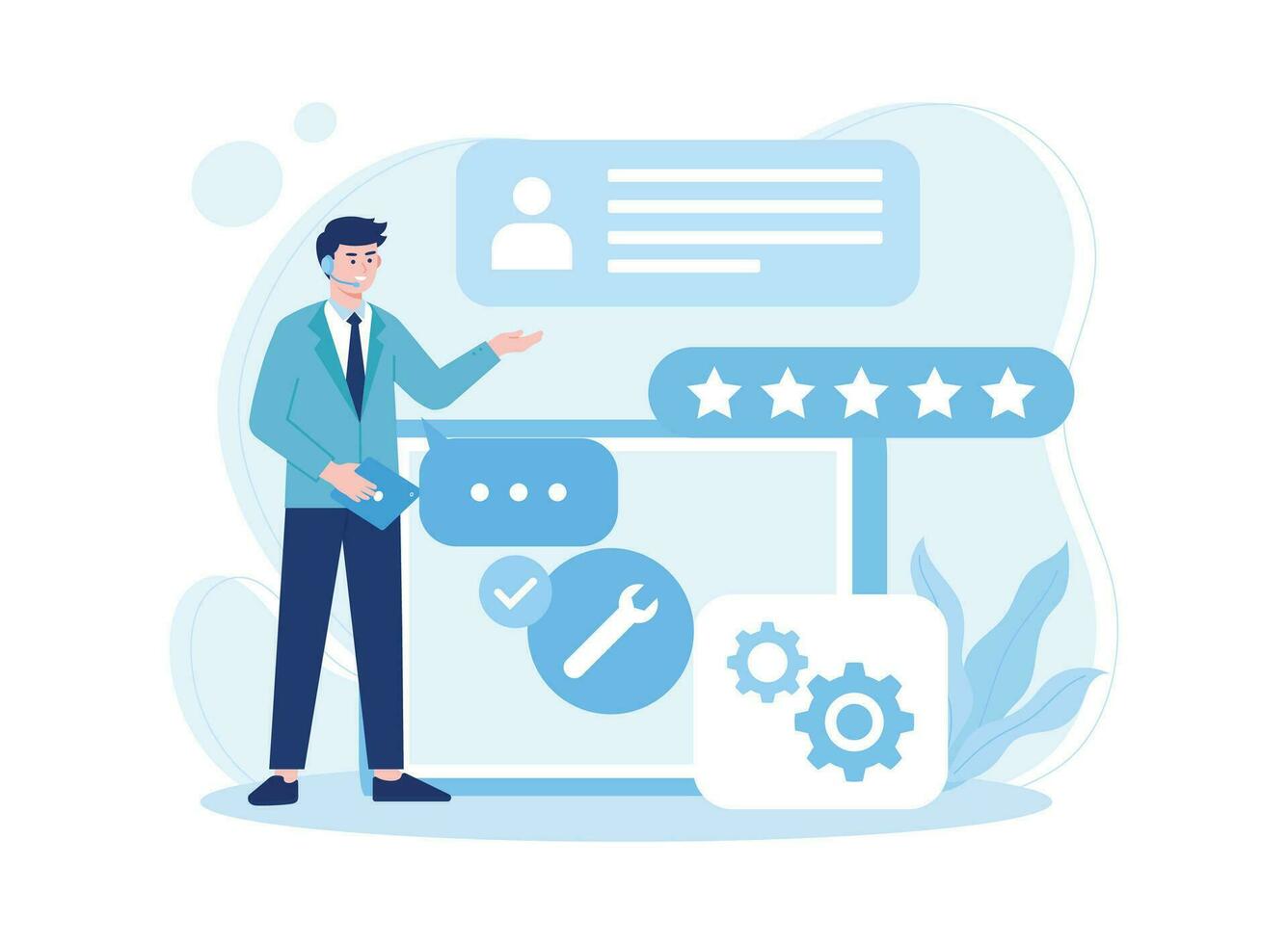 conectados serviço gestão e clientes fornecendo positivo comentários cliente Apoio, suporte conceito plano ilustração vetor