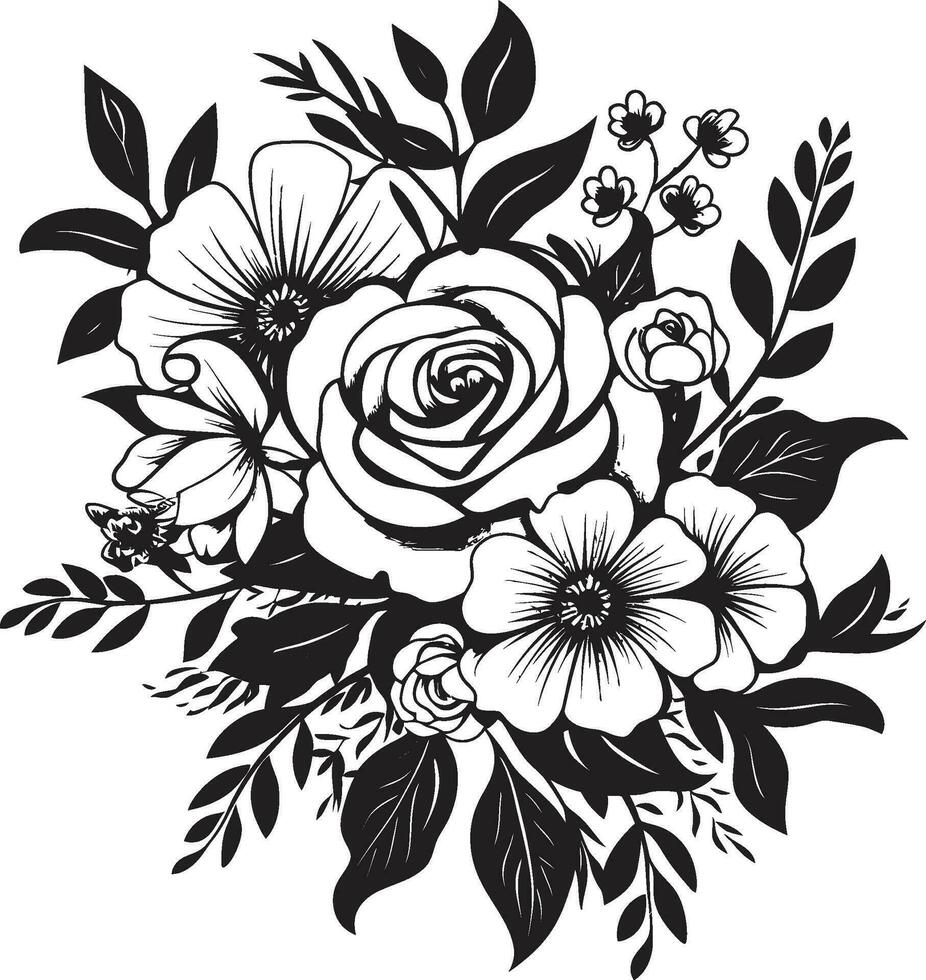 elegante pétala fusão decorativo Preto ramalhete emblema intrincado floral mistura Preto vetor logotipo