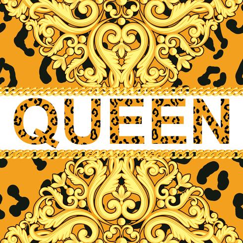 Elemento decorativo amarelo na textura animal do leopardo com correntes e rainha do texto. Ilustração vetorial vetor