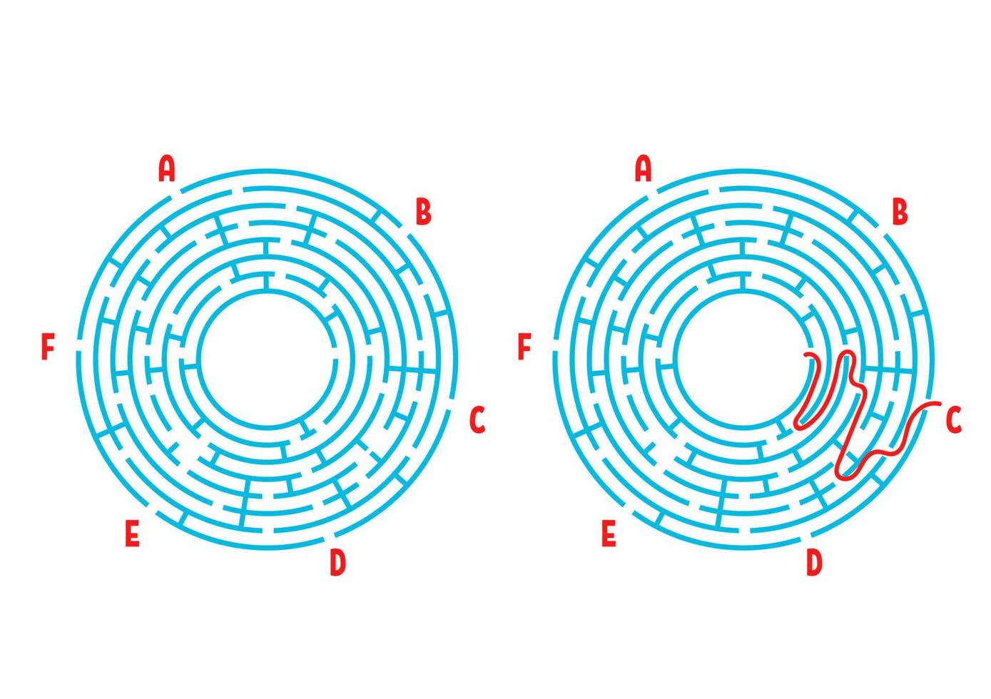 labirinto redondo de cor. jogo para crianças. quebra-cabeça para crianças. enigma do labirinto. ilustração em vetor plana isolada no fundo branco. com a resposta. com lugar para sua imagem.