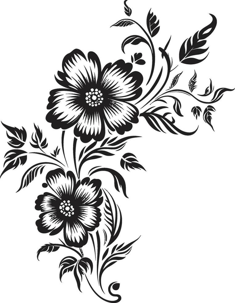 monocromático floral pergaminhos noir emblema desenhos artístico coberto floresce mão desenhado noir vetores