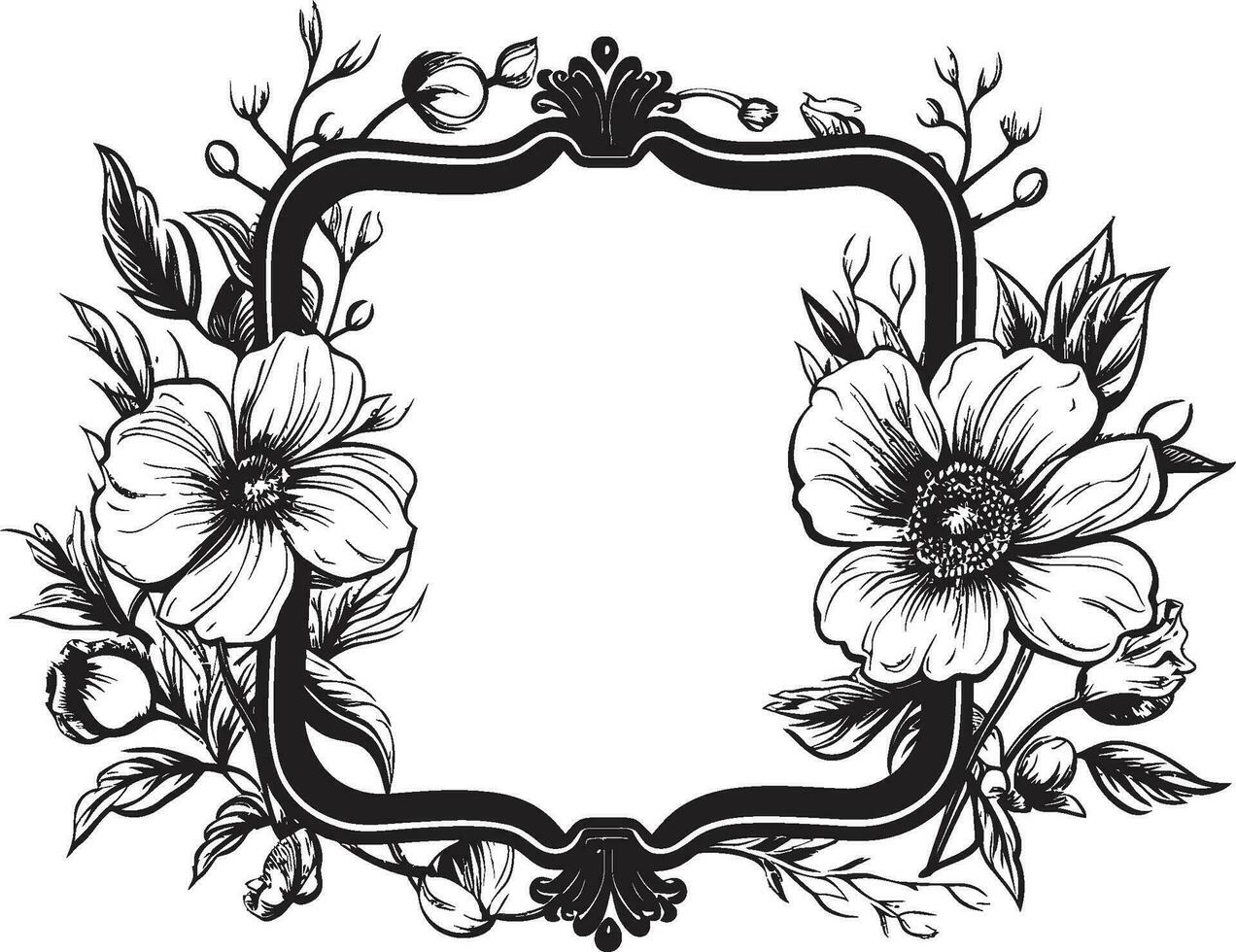 vintage flor englobar decorativo Preto ícone radiante floral cercar Preto floral emblema vetor