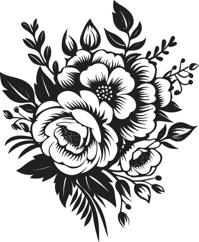 caprichoso ramalhete montagem decorativo Preto ícone encantado flor fusão Preto floral Projeto vetor