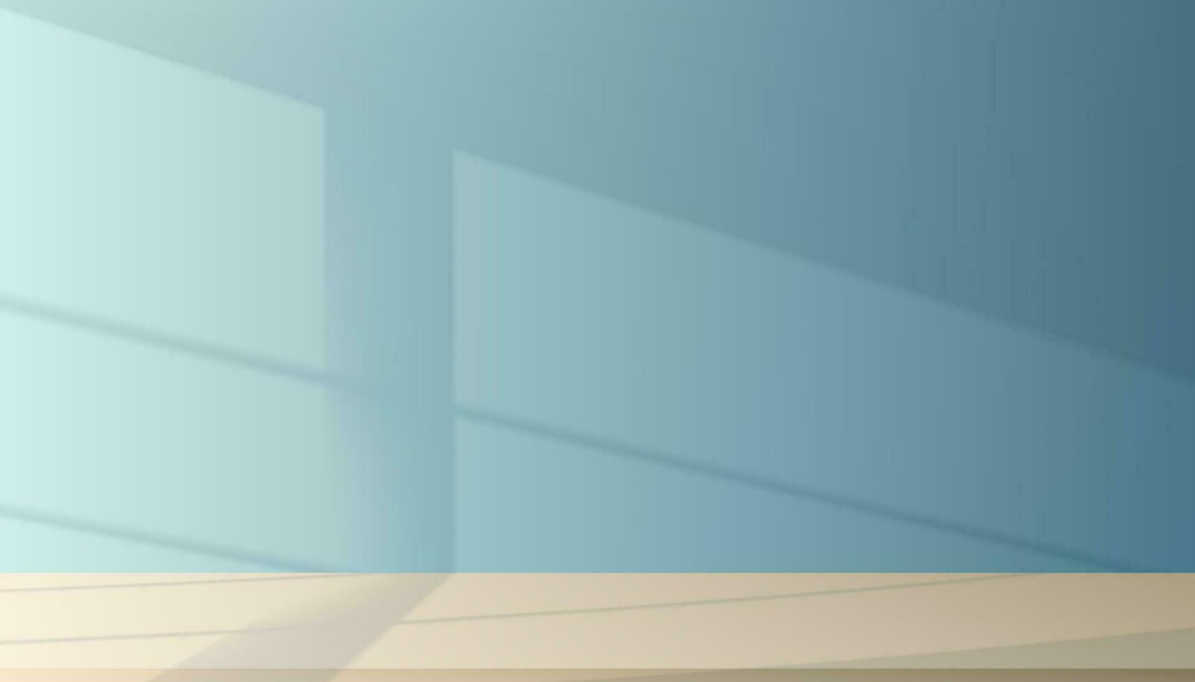 azul fundo estúdio com sombra clara janela efeito em parede quarto e bege mesa topo, pano de fundo cena exibição pódio brincar com abstrato luz solar para Cosmético produtos apresentação em Primavera Verão vetor