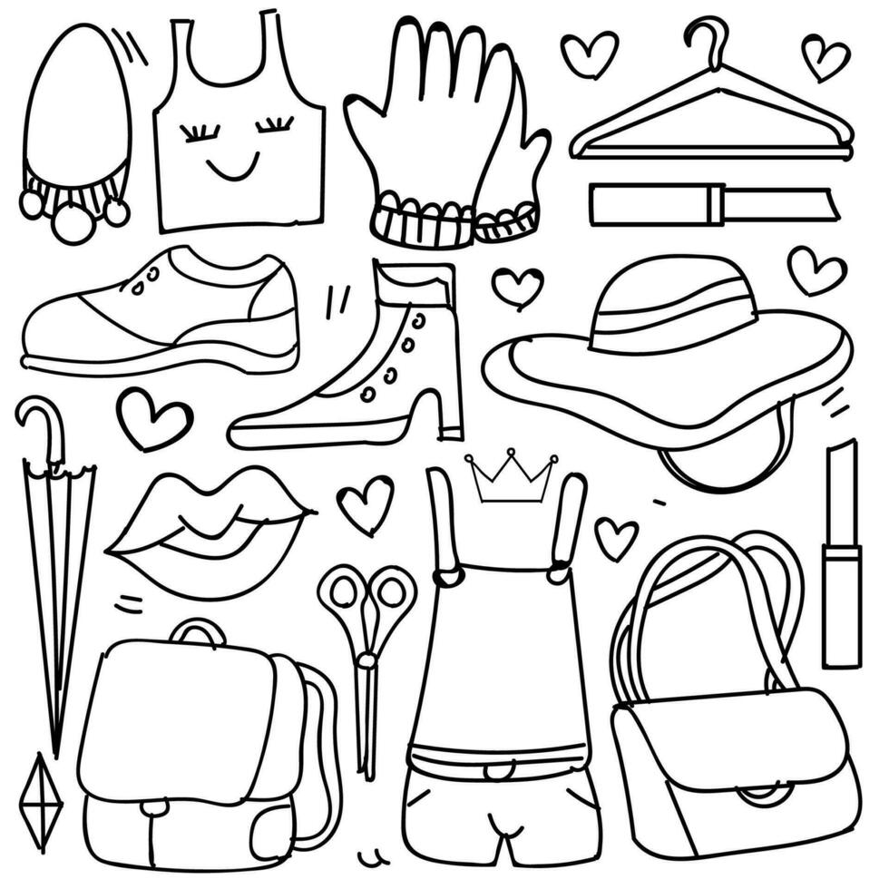 conjunto do mulher moda acessórios dentro rabisco estilo isolado em branco fundo, vetor mão desenhado conjunto roupas tema. vetor ilustração
